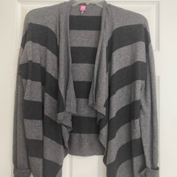 Basler stripe gray black cardigan 42 US 10 Waterfall draped cashmere Angora wool - Picture 2 of 8